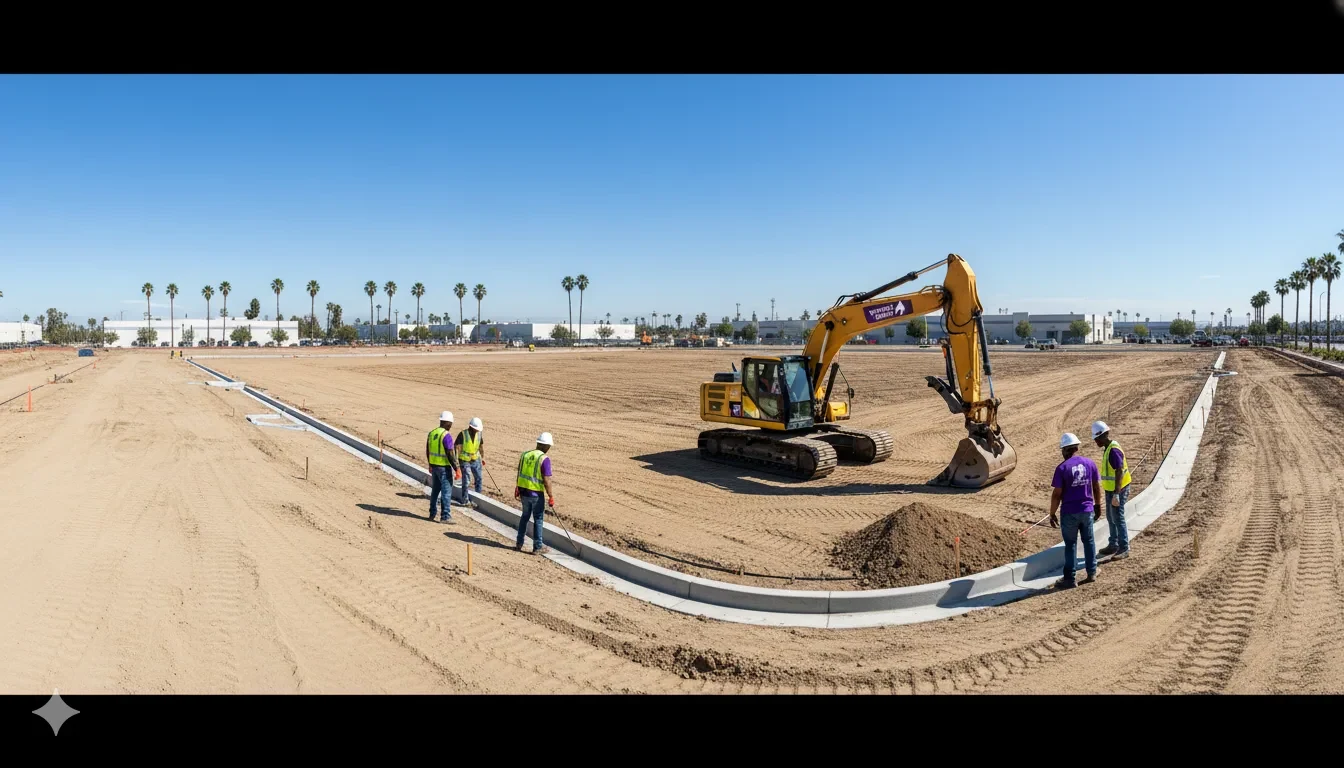 Purple Pony Concrete crew installing curb and gutter on a Southern California commercial site